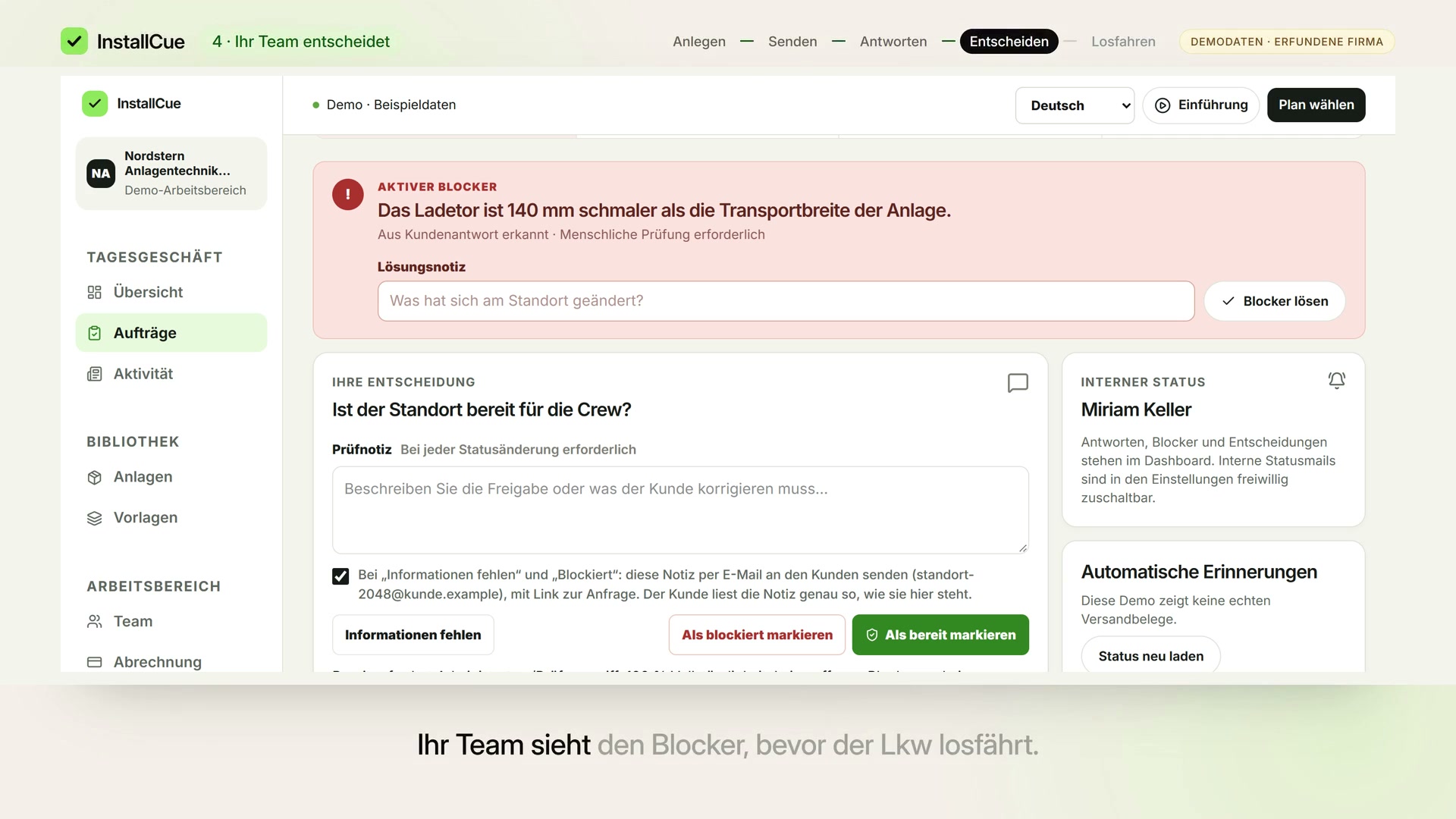 InstallCue-Produktfilm, 70 Sekunden, mit Ton und Untertiteln